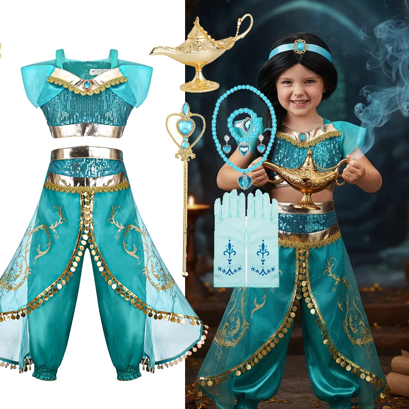 

Disney Aladdin Princess Jasmine for Girls Cosplay Costume Kids Dress Sequin Top+Pants Princess Carnival Birthdays Party Outfits
