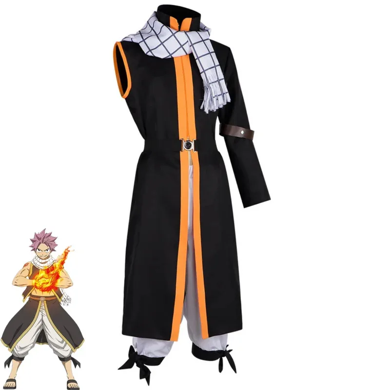 Anime FAIRY TAIL Etherious Natsu Dragneel Cosplay disfraz Slayers abrigo negro bata bufanda pantalones peluca hombre mujer traje de Halloween 5ftu ^