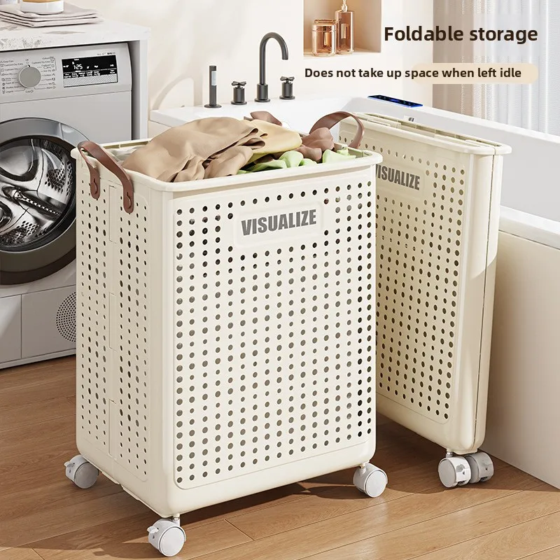 

Household Foldable Dirty Clothes Basket Plastic Toilet Laundry Basket with Wheel Storage Rack Removable Storage Basket Dirty