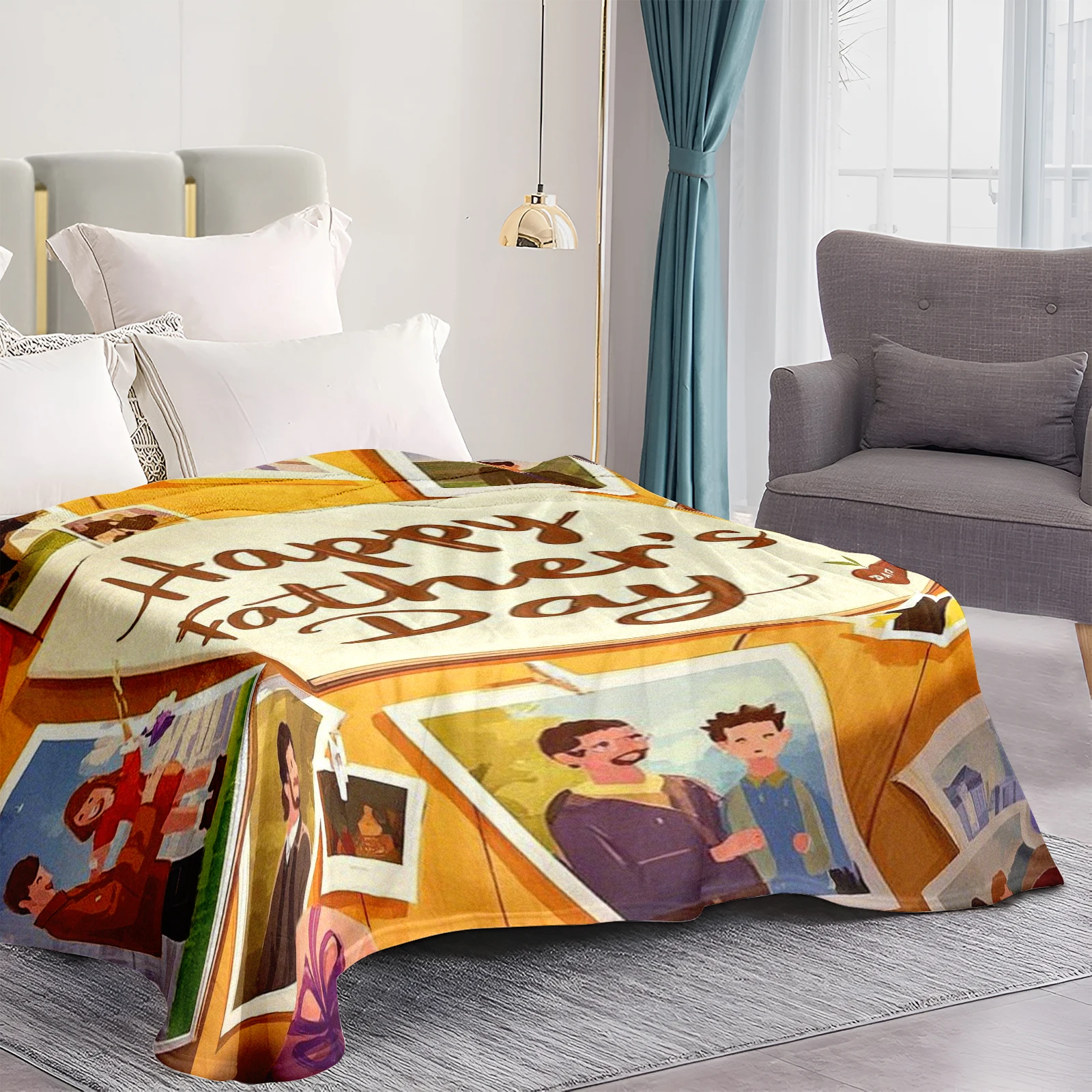 Flannel Blanket Showing Cartoon Style Photos Of Father And Child Perfect For Creating Memorable Father S Day Moments