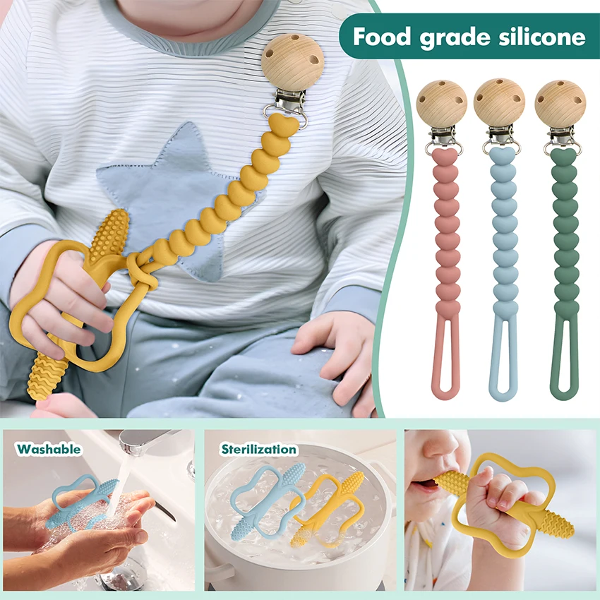 2-piece set: teething toy + pacifier chain, suitable for babies during teething period, portable pacifier strap and teething toy