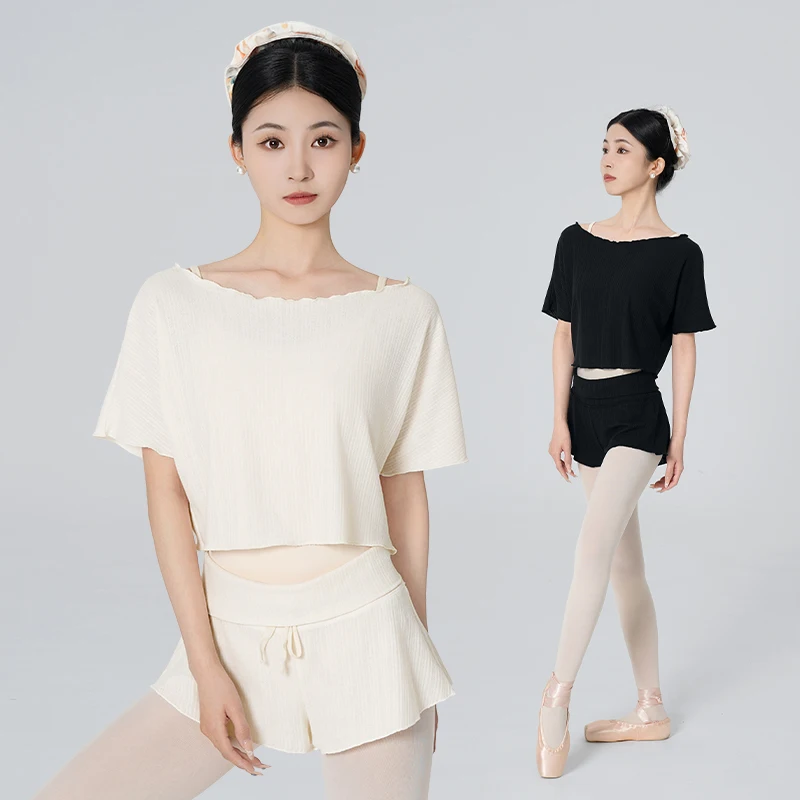 

Woman Dance Tops Modern Dance Outfit Loose Shoulder T-shirt Blouse Short Sleeve Adult Teen Gymnastic Yoga Training Clothes