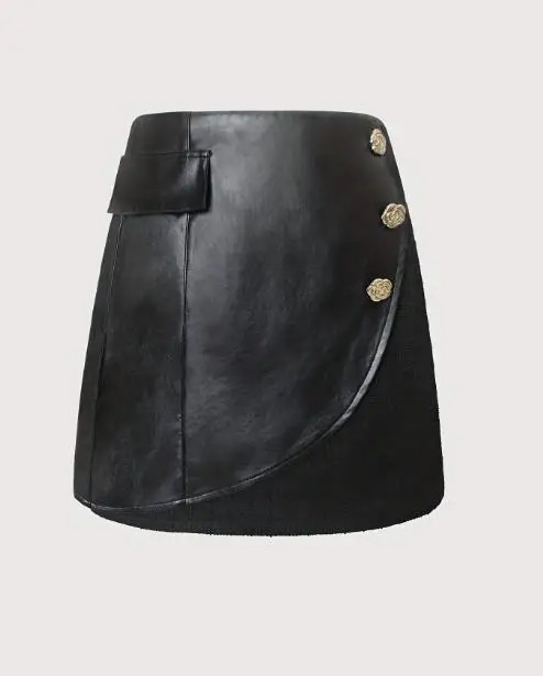 

Fashion Women's Short Skirt Summer New Style Faux Leather Splicing Coarse Woolen Metal Rose Button Decoration A-Line Short Skirt
