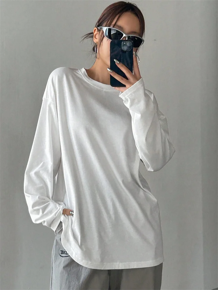 Women Basic Long Sleeve Loose O-neck T-shirt Autumn Winter Solid Color Tee Top Streetwear