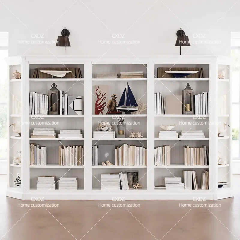 American Retro Full Wall Large Bookshelf Simple Solid Wood Bookcase Villa French Study Floor to Ceiling Combination Cabinet