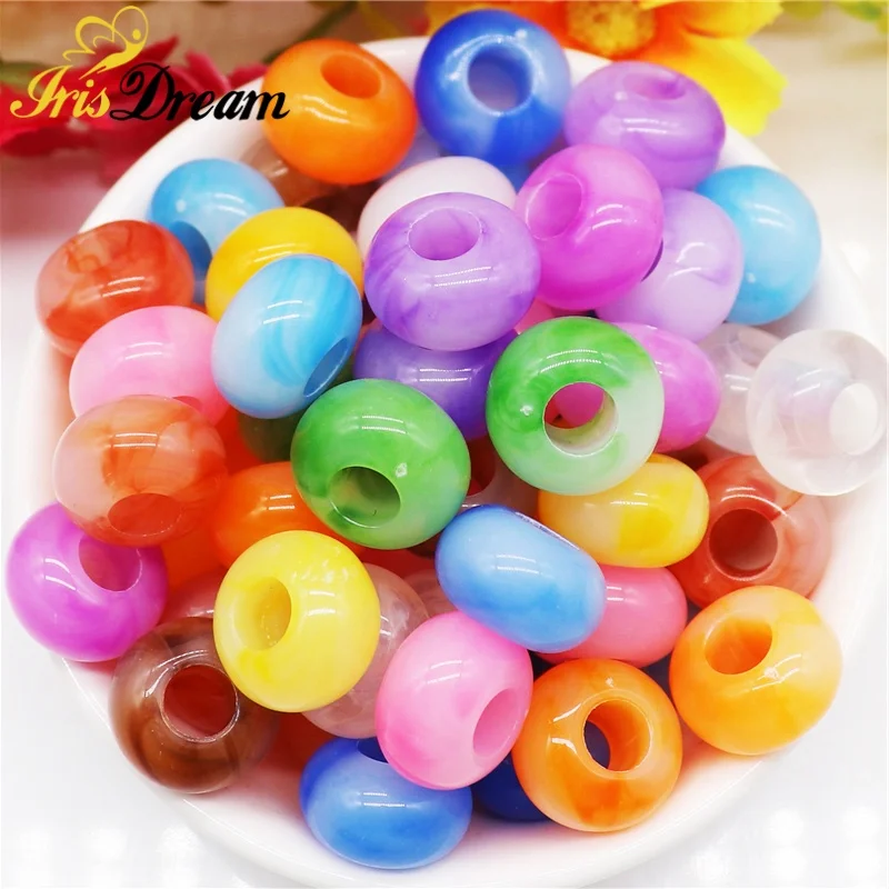10Pcs White Clear Color Drawing 14x8mm Round Loose 5mm Big Hole Beads fit Charms Bracelet Tassels Curtains Shoelace Bead