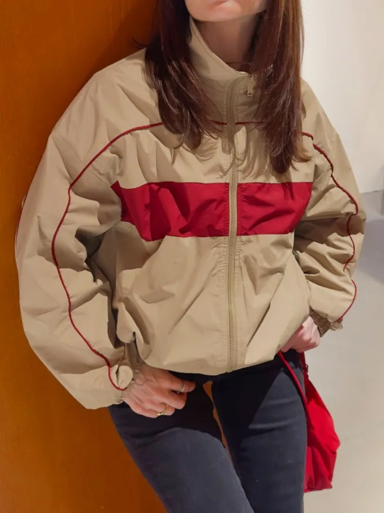 LIinar 2026 Fall Winter New Retro Color-Blocked Lightweight High-Neck Trench Coat Loose-Fitting Casual Bell-Sleeve Top for Women
