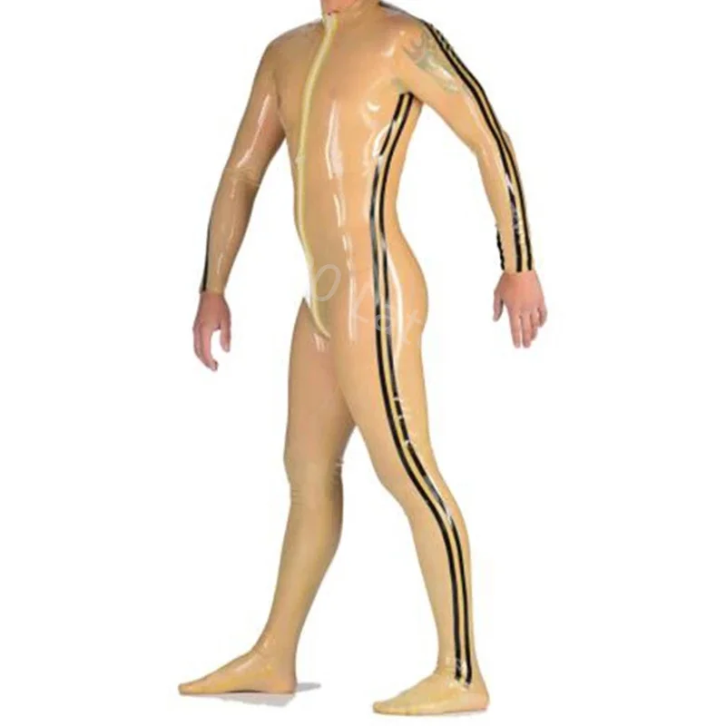 Men's Transparent and Black Strips Latex Rubber Catsuit Front Through Crotch Zip Attached Socks