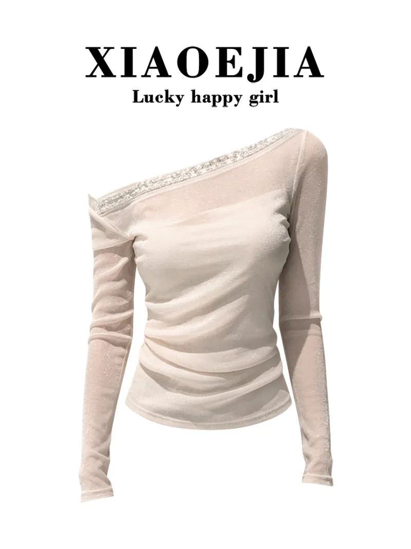 Women's Apricot Slash Neck T-shirt Harajuku Korean Y2k Tee Top 2000s Clothes Aesthetic Fashion Long Sleeve Vintage T-shirts