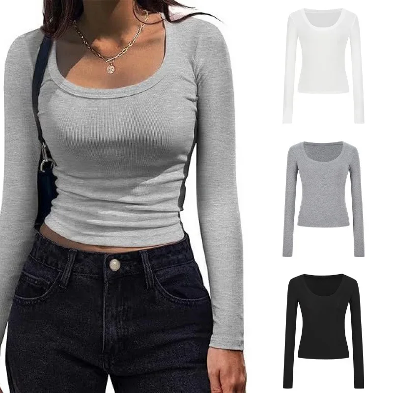 جديد 2025 المرأة طويلة الأكمام سليم صالح طاقم الرقبة تي شيرت الجولة الرقبة كبيرة U الرقبة قاعدة قميص الربيع موضة السعر المنخفض