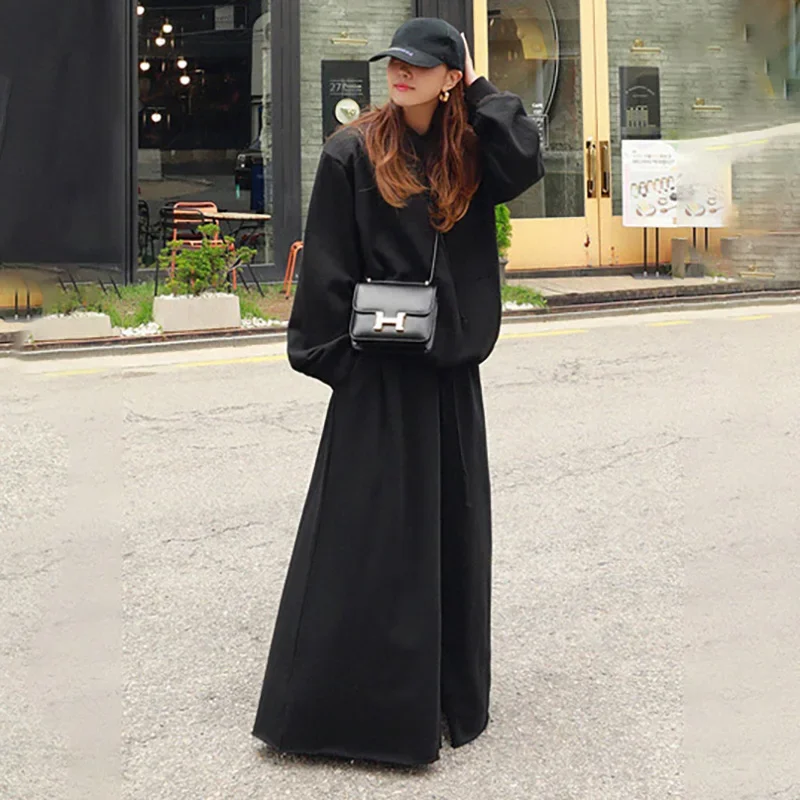 New Urban Female Black Gray Solid Color  Elastic Waist Wide Leg Pants Casual Work Long Turnip Trousers For Women