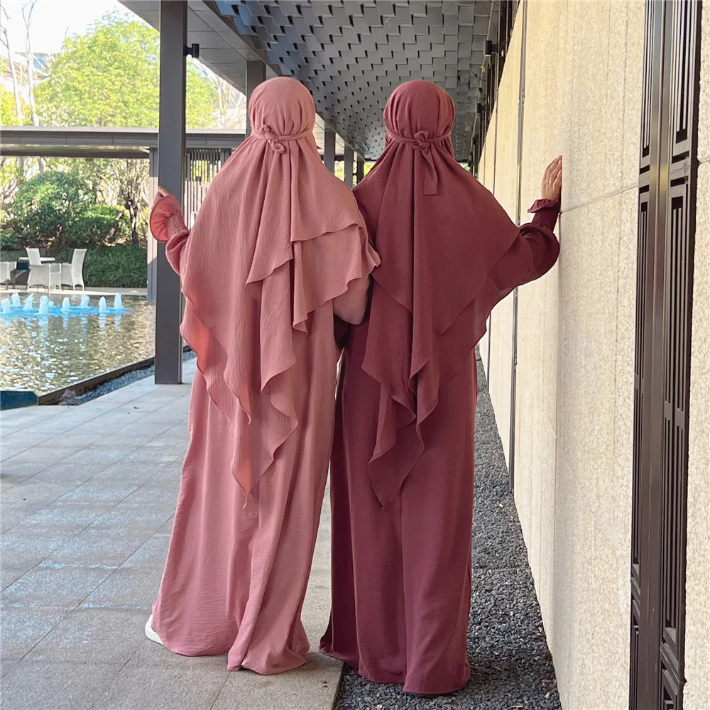 2 Pieces Set Ramadan Muslim Prayer Garment Women Overhead Hooded Khimar Abayas Eid Islamic Hijab Dress Niqab Abaya Kaftan Robe