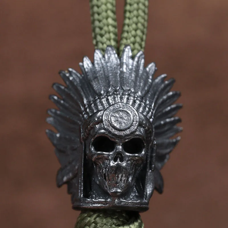 Tribal Chief Skull Head Brass Knife Beads EDC Outdoor DIY Paracord Woven Bracelets Charms Lanyard Pendants Hangings Accessories