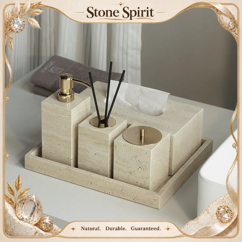 【Natural】Travertine Bathroom Set Luxury Soap Dish Soap Dispenser Tissue Box Vanity Tray Bathroom Accessories Set