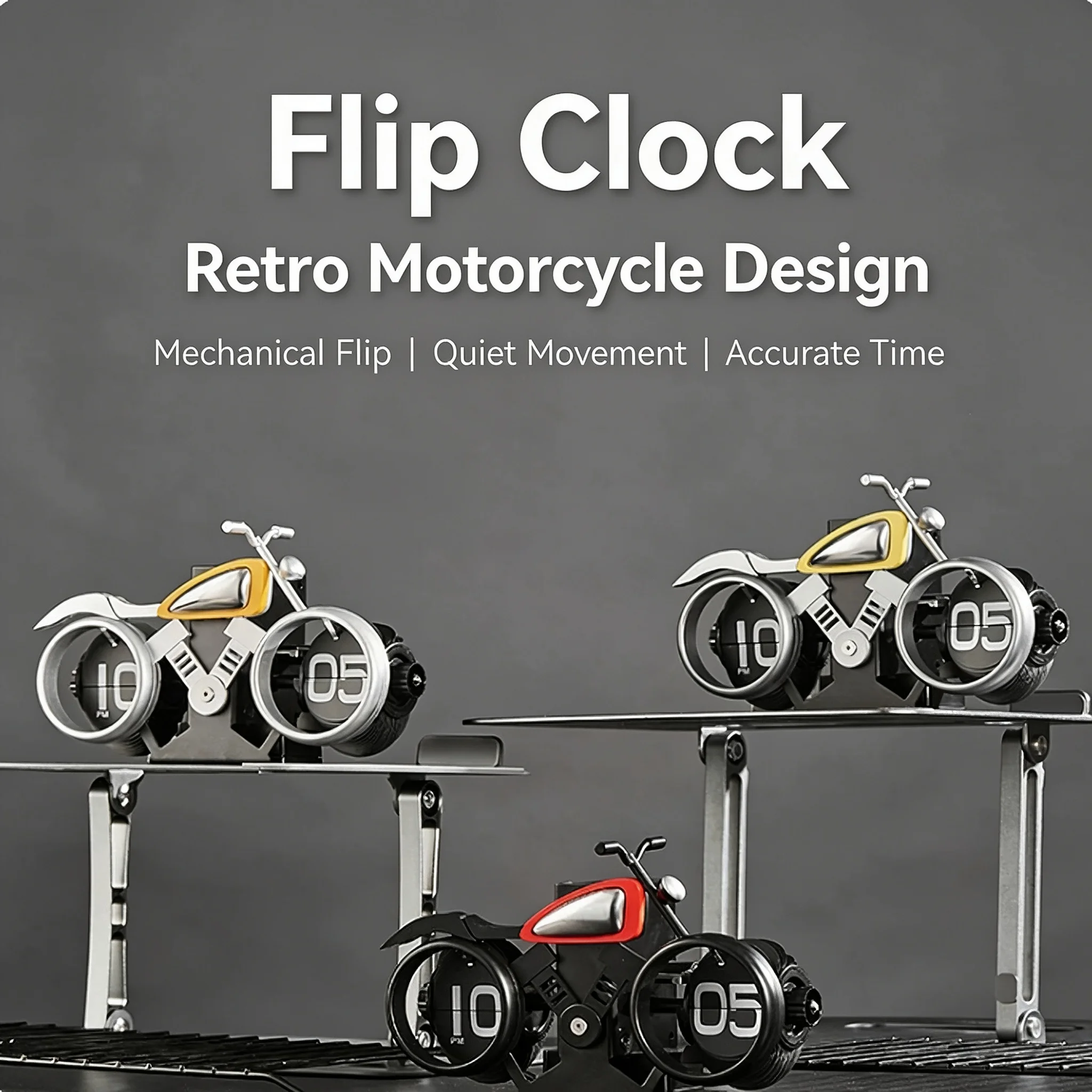 Retro Motorcycle Flip Clock, 10 Inch Vintage Motorbike Auto Flip Desk Clock, Mechanical Table Clock for Home Office Decor