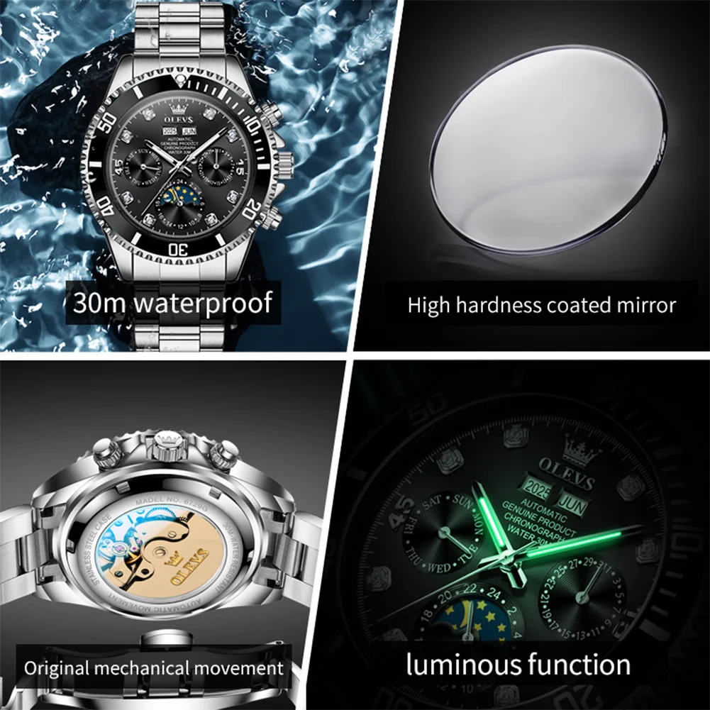 OLEVS 6729 ساعة رجالية فاخرة ماركة أوتوماتيكية ساعة ميكانيكية متعددة الوظائف مرحلة القمر مقاوم للماء ساعة رجالية فستان رياضي