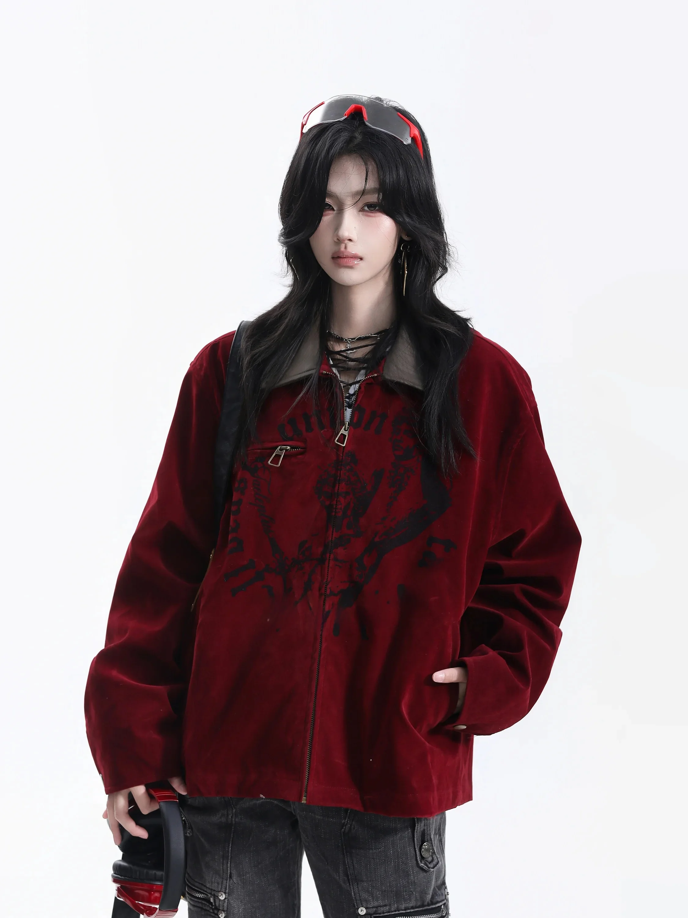 Retro Suede Loose Fit Printed Collar Cool And Stylish Jacket for Women Dark Color Lazy Style BF Workwear Jacket Polyester Fabric
