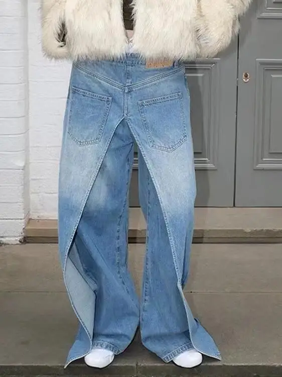 

Retro Waed Loose Slimming Jeans Wide Leg Pants Double Sided Wear Deconstructed Banana Pants Fake Two-Piece Cotton Jeans