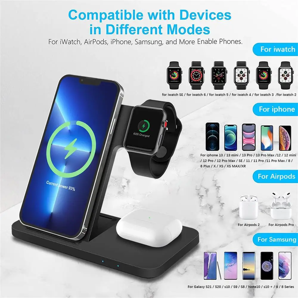 15W 3 in 1 Wireless Charger Stand for iPhone 15 14 13 12 11 XS XR Fast Charging Dock Station For Apple Watch 9 8 SE AirPods Pro