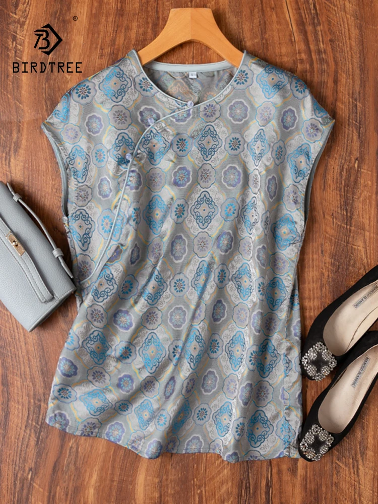 

BirdTree, 100%Real Silk Song Brocade Elegant T-Shirt, Women Sleeveless Jacquard, Literature Loose OL Tops, 2024 Summer T45274QC