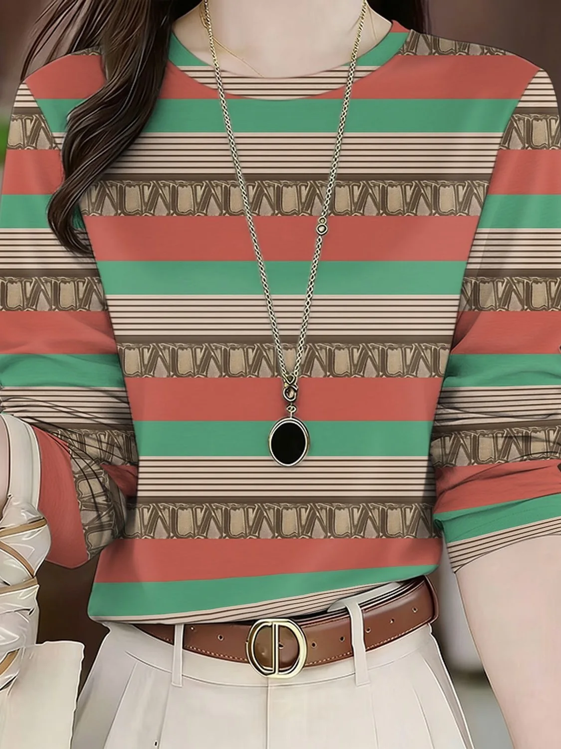 

Dopamine Striped Long Sleeve round Neck T-Shirt Women's plus Size Casual Loose Fit Polyester Fabric Belly Cover Slimming Top