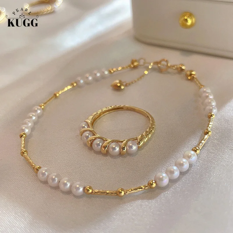 

KUGG PEARL 18K Yellow Gold Pearl Bracelet 3-3.5mm Natural Akoya Pearl Bracelet for Women and Girls Fashion Exquisite Design