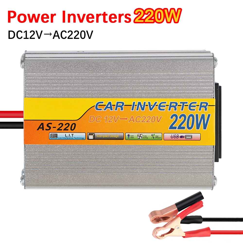 Car Mounted Solar Inverter USB Voltage Transformer 220W Power Inverter Portable DC 12V To AC 220V Conversion USB Battery Clip