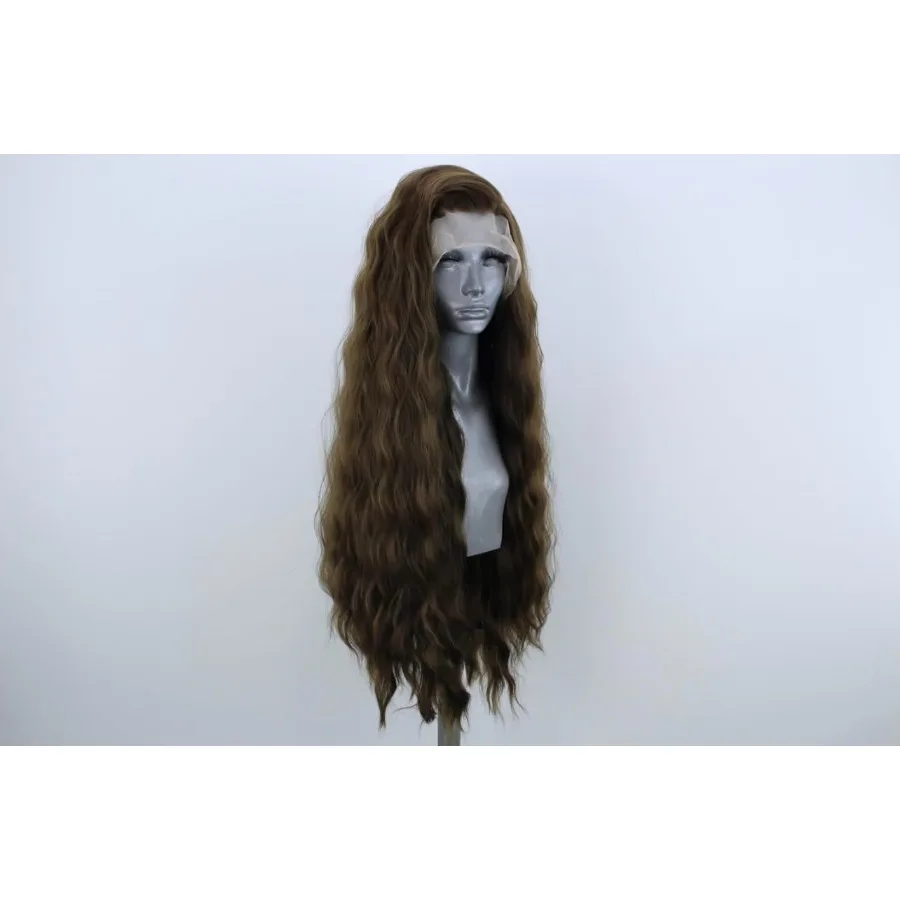 Hellbraune, lange, gewellte Haare, synthetische Lace-Front-Perücken für Frauen, lockere, gewellte, freie Teil, leimlose Spitzenperücke, braune, hitzebeständige Faser