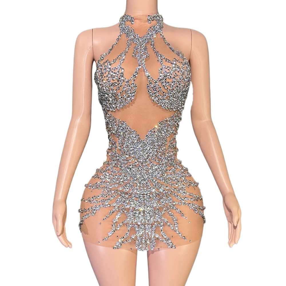 

Sparkly Rhinestones Short Dress Sexy Mesh See Through Party Evening Prom Celebrate Birthday Dress Singer Show Photo Shoot Wear