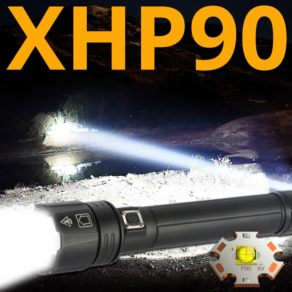 Powerful Led Flashlight XHP90 flashlight USB charging Zoom led torch lanter 2*26650 battery For Camping  cycling Lamp