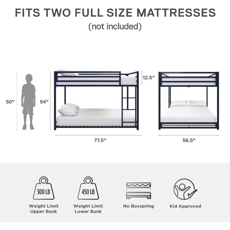 With Built-in Ladder, High Guardrail and Metal Slats, Floor Bed Bottom Bunk, No Boxspring Required, For Small Spaces