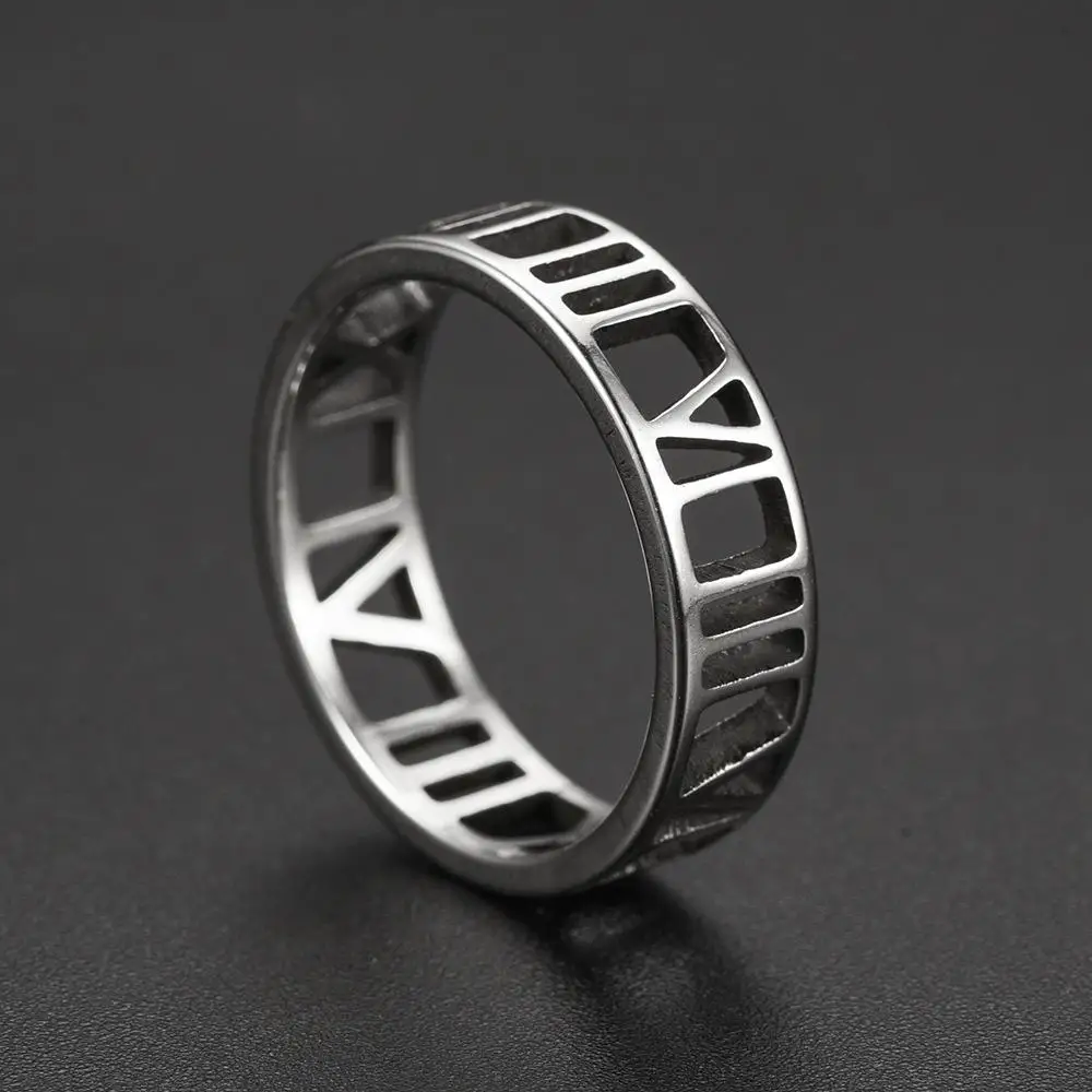 Vintage Punk Romeinse Cijfers Mannen Ringen 6Mm Eenvoudige Rvs Vinger Ringen Punk Gothic Trouwringen Titanium Paar Ring