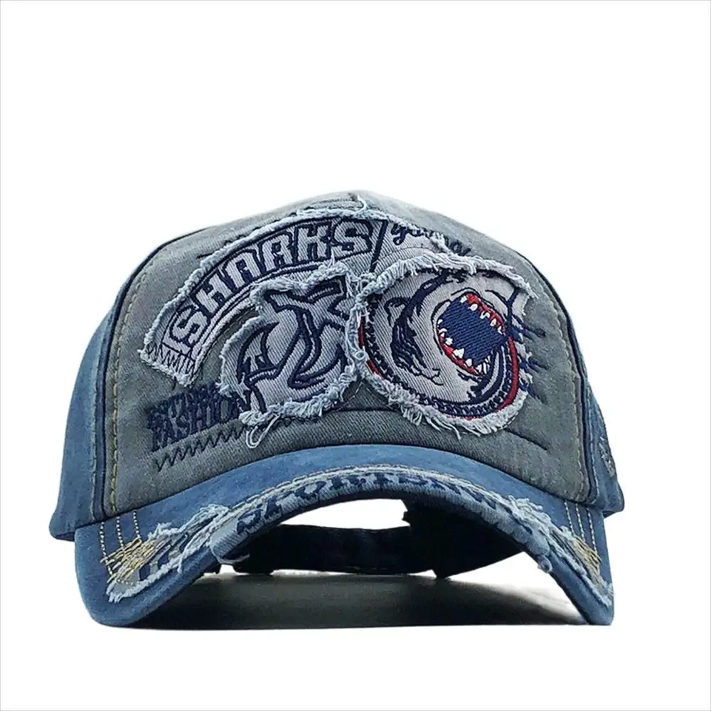 Fashion Embroidered Shark Baseball Cap Animal Adjustable Snapback Hat Washed Sun Hat Truck Cap Outdoor Sports