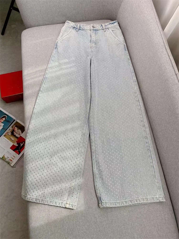 Spring Summer New Fashion Hot Diamond Washed Jeans Women casual High Waist All-Match Wide Leg Pants for Ladies 2024