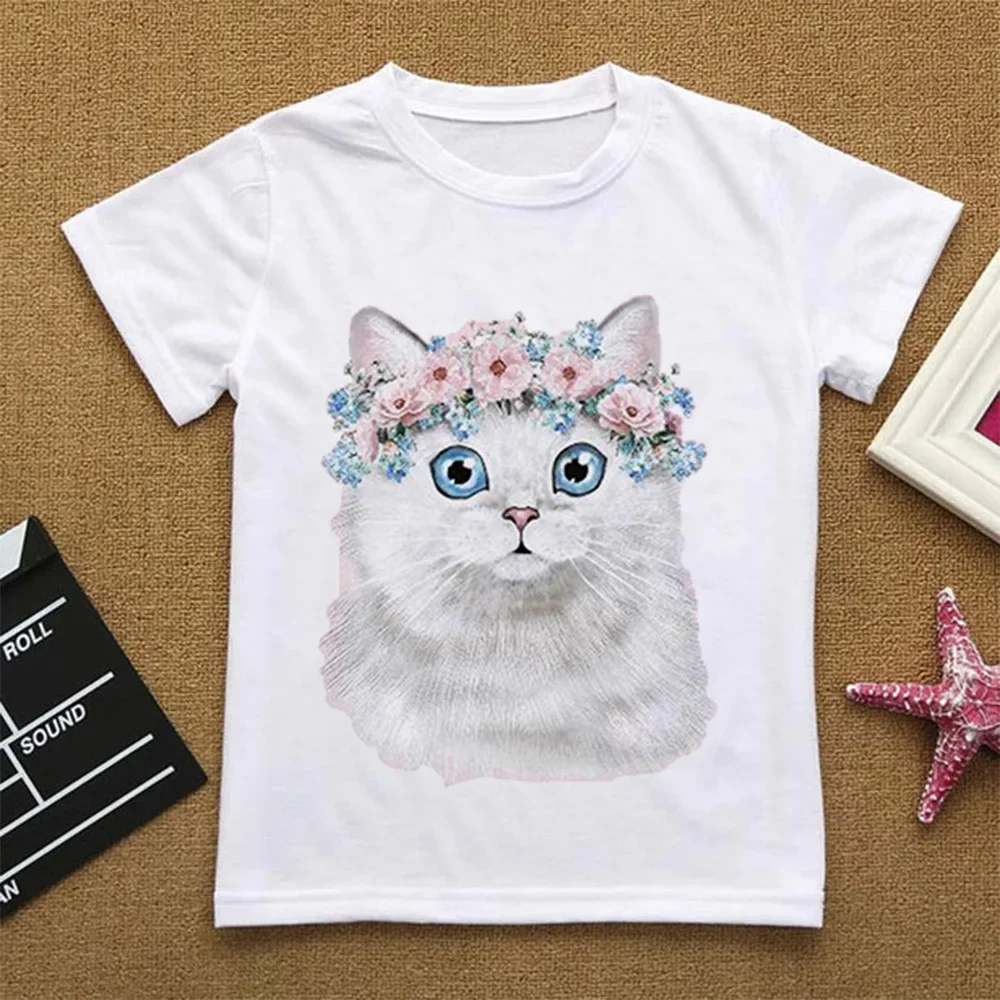 

Flower cute Cartoon Cat Love Retro Summer T-Shirt Baby Things Girls Clothes Boy Kids Boy White Short Sleeve