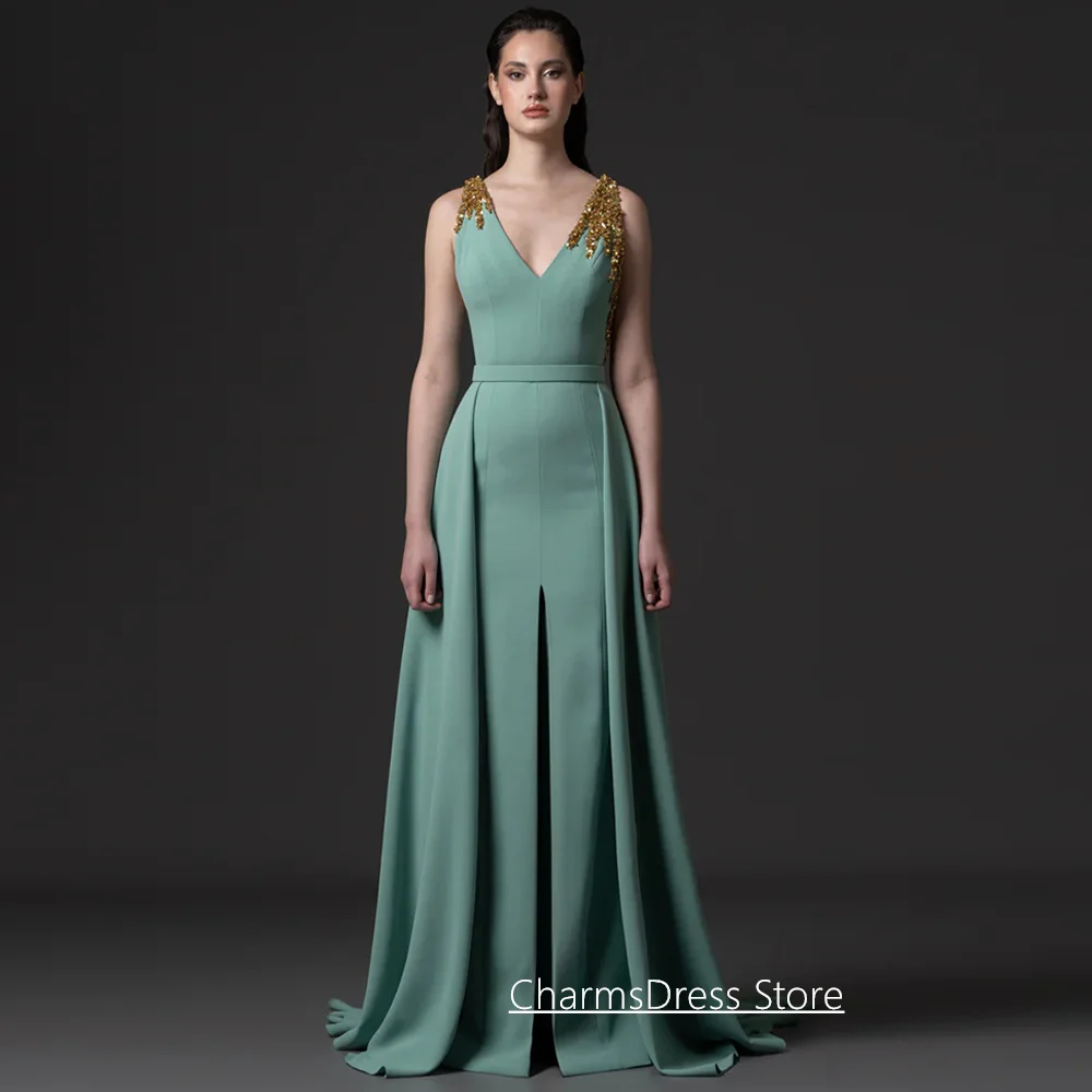 Neu eingetroffen: Abendkleid mit Schleppe, maßgeschneidert, ärmellos, V-Ausschnitt, Pailletten, Frontschlitz, Sweep Train, Ballkleid, Partykleid