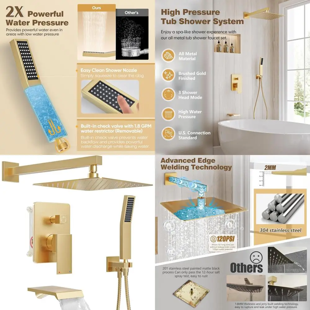 

12-дюймовая душевая система с функцией тропического душа и ручным распылителем, цельнометаллический излив для ванны, настенный комплект в цвете матовое золото