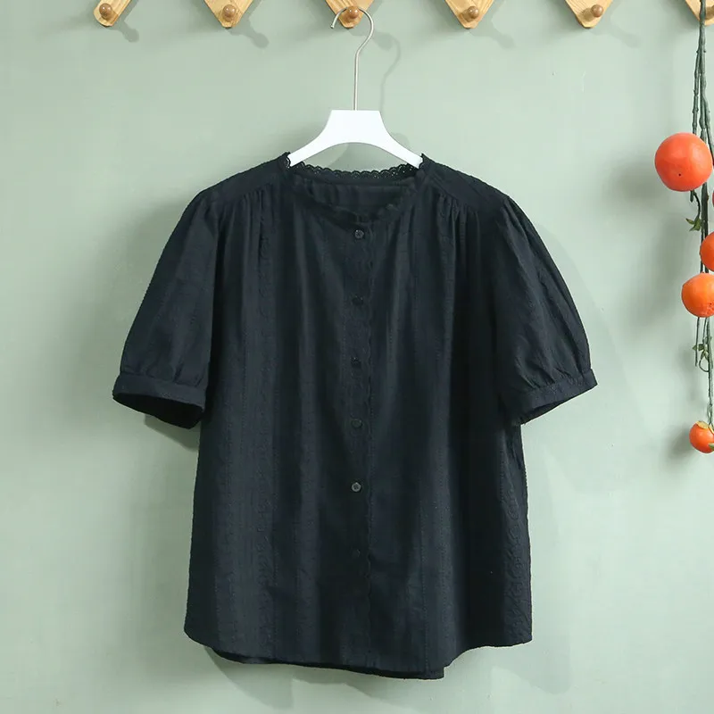 Sweet Lace Collar Short Sleeve Cotton Embroidered Shirt Women's Single Button Thin Pure Color Top Outerwear Loose Fit Summer
