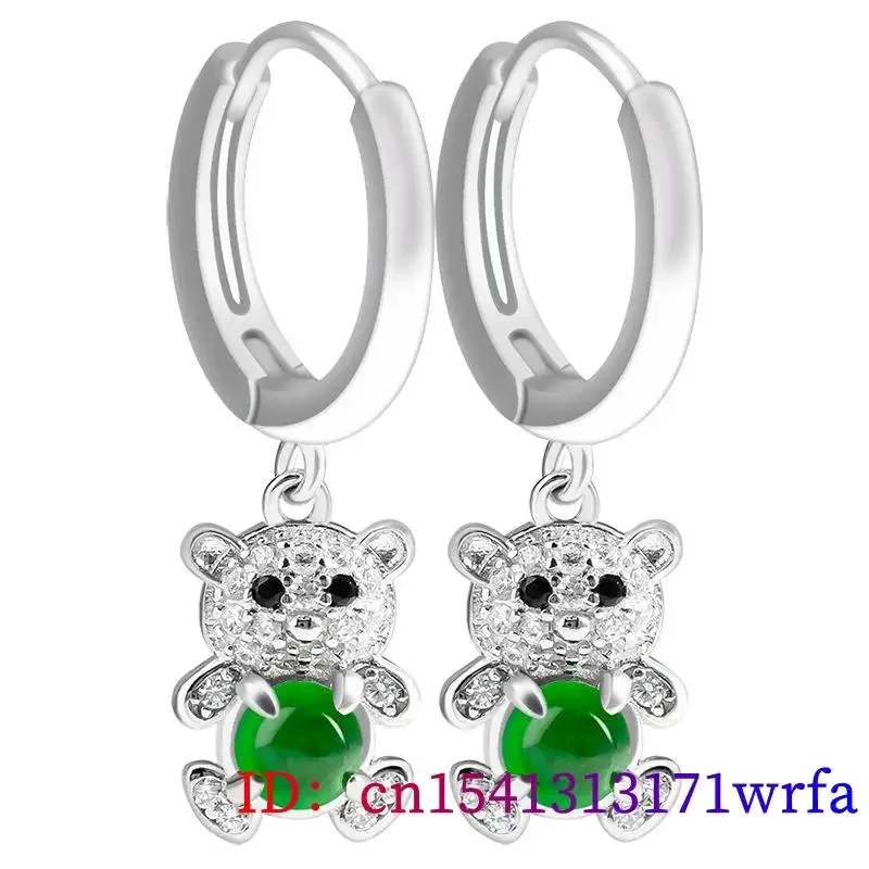 Burmese Jade Bear Earrings Amulet Stone Vintage Natural Green Jewelry Charms Luxury Real Women 925 Silver Talismans Carved