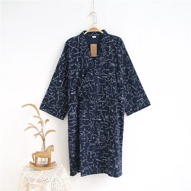 cotton Japanese Kimono Nightgown Men's Light and Breathable Summer Spring Autumn Men's Long Kimono Nightgown Loose Robe for Men