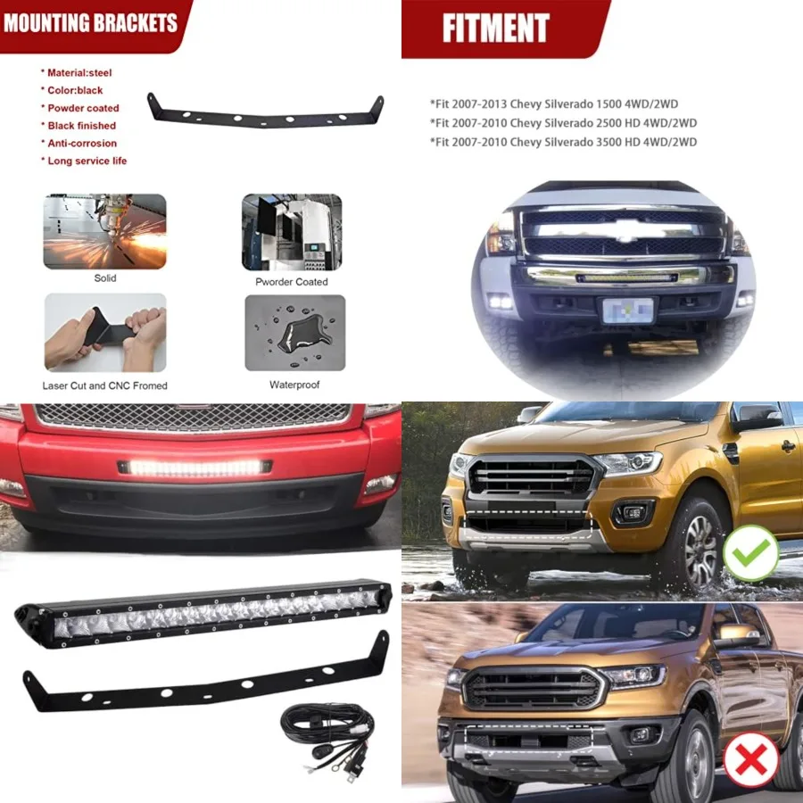 

22 Inch 150W Straight Single Row LED Light Bar and Wiring Kit w/Front Hidden Lower Bumper Mounting Brackets Compatible with Che
