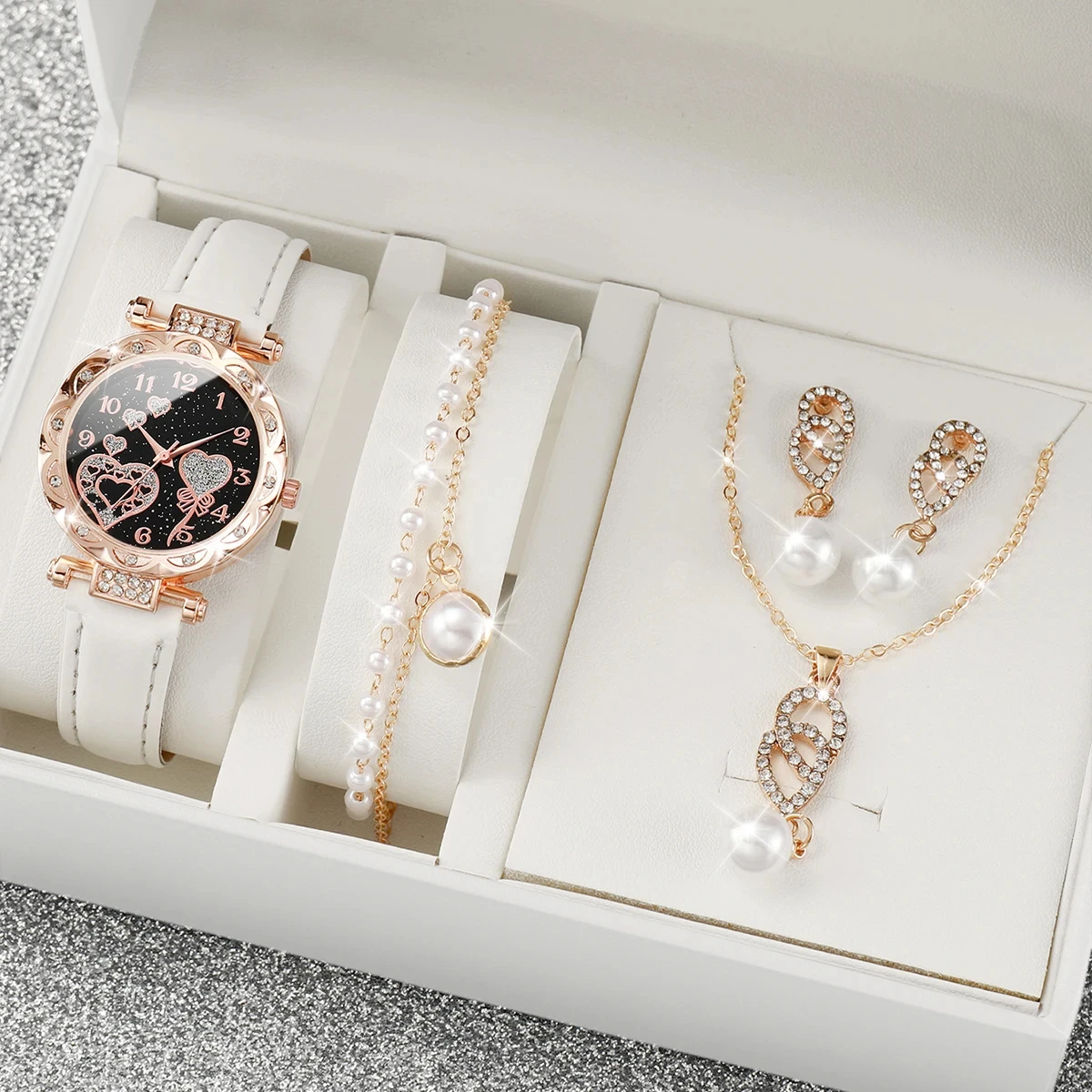 4pcs/set Women's Shiny Rhinestone Quartz Watch Analog PU Leather Wrist Watch & Faux Pearl Jewelry Set Gift For Mom Her ﻿