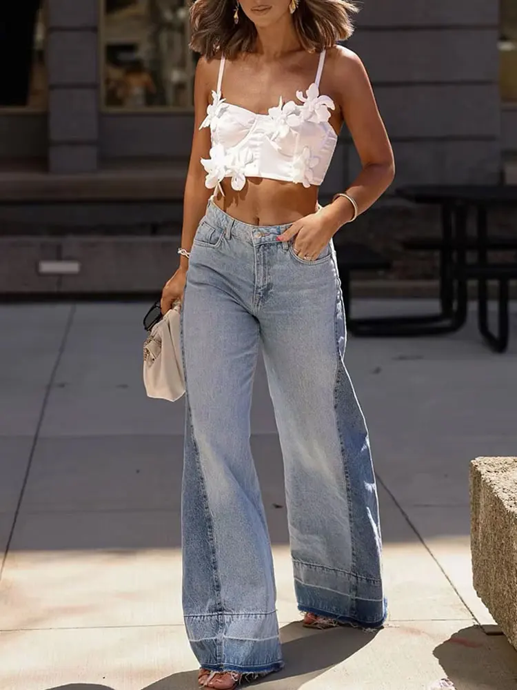 HH Women Streetwear Style Patchwork Long Pants Denim Blue High Waist Pockets Button Zipper Jeans Women's Fashion Jeans