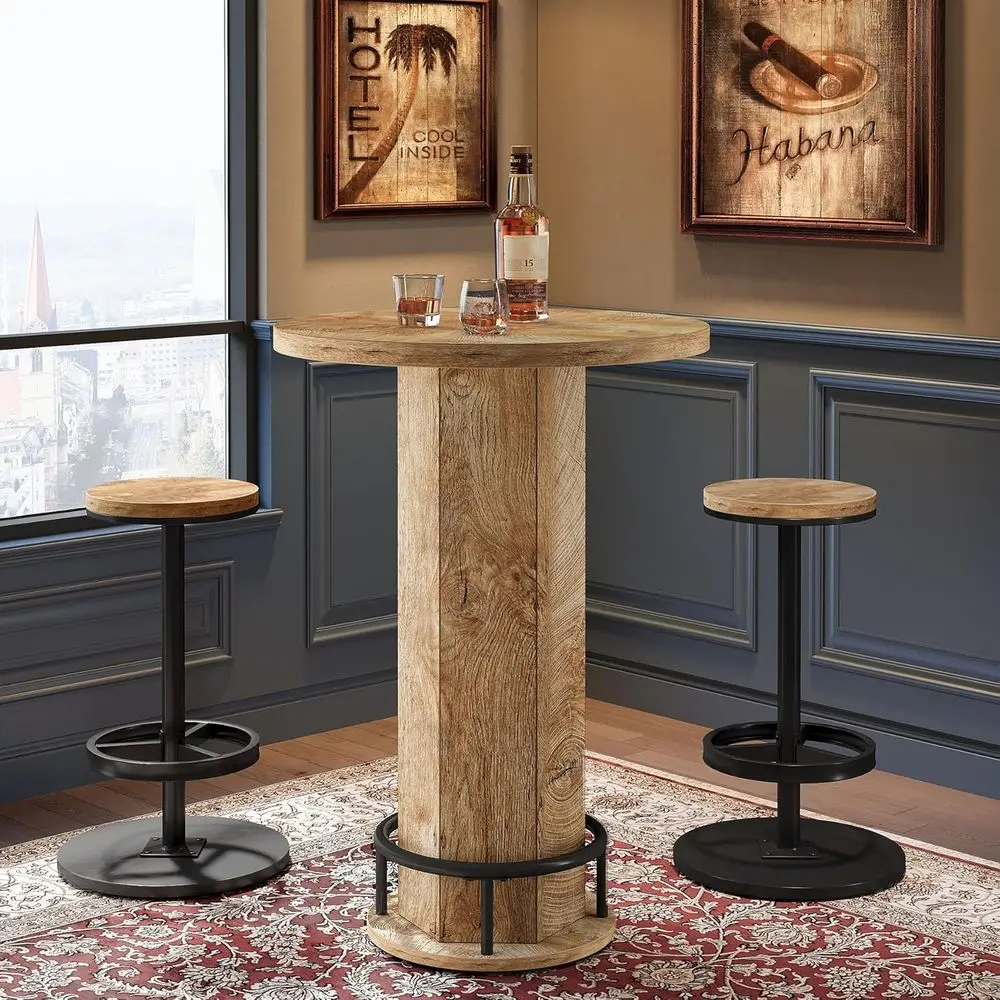

Round Bar Table with Chairs, Industrial Bistro Sets with 2 barstools, Pub Cocktail Table with Metal Ring ootrest or Kitchen Nook