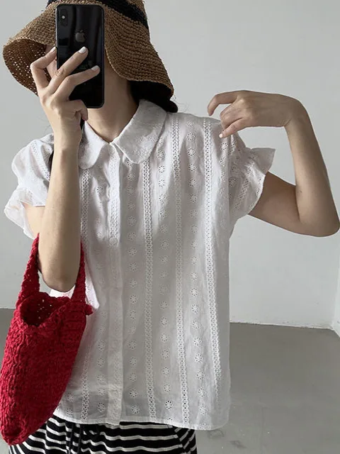 

Sweet Embroidered Flower Women's Shirt Korean Style Summer New Fashion Tea Li Tea Qi Chic Top Beautiful Blouse Bubble Sleeve