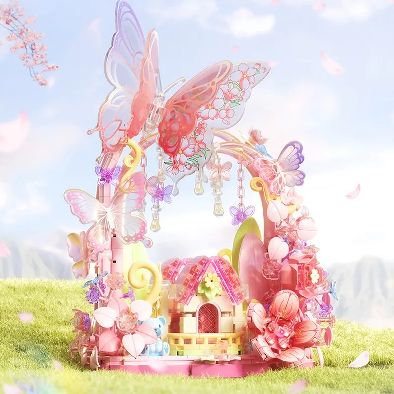 Moonlight Society Sakura Tree House Building Blocks with LED Lights DIY Flower Model Kit Girls Birthday Gift