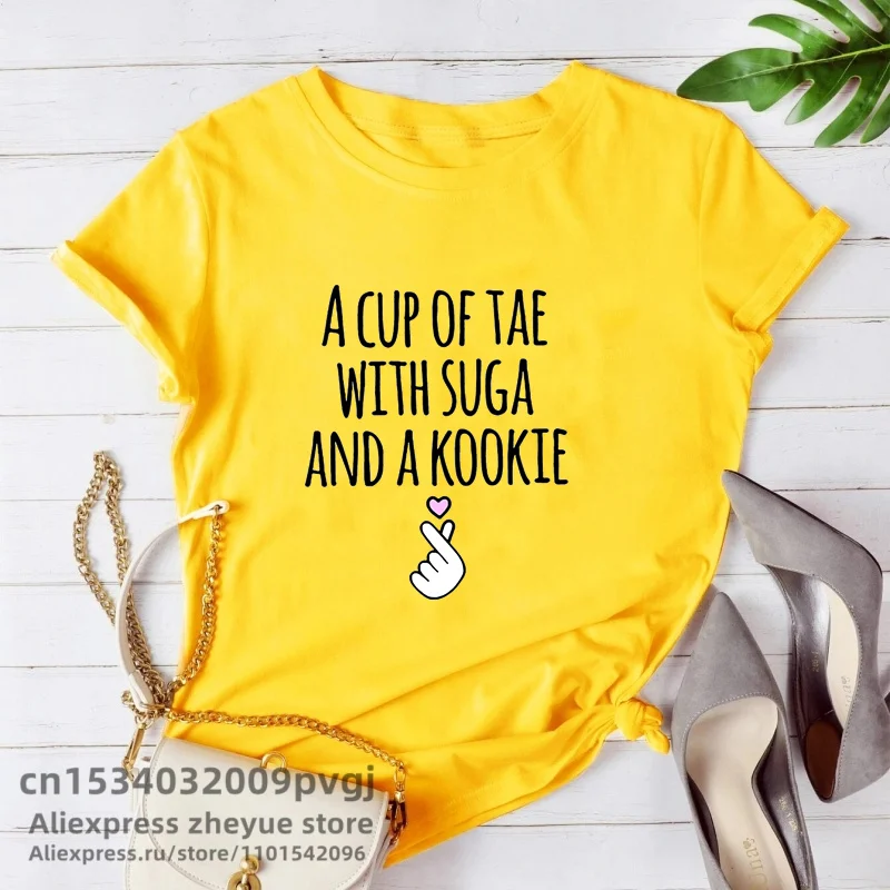 A Cup of Tae with Suga and A Kookie Printed T-Shirt Women Korean Kdrama Idol Fashion Kpop Merch V Jhope Suga RM Jungkook Tee