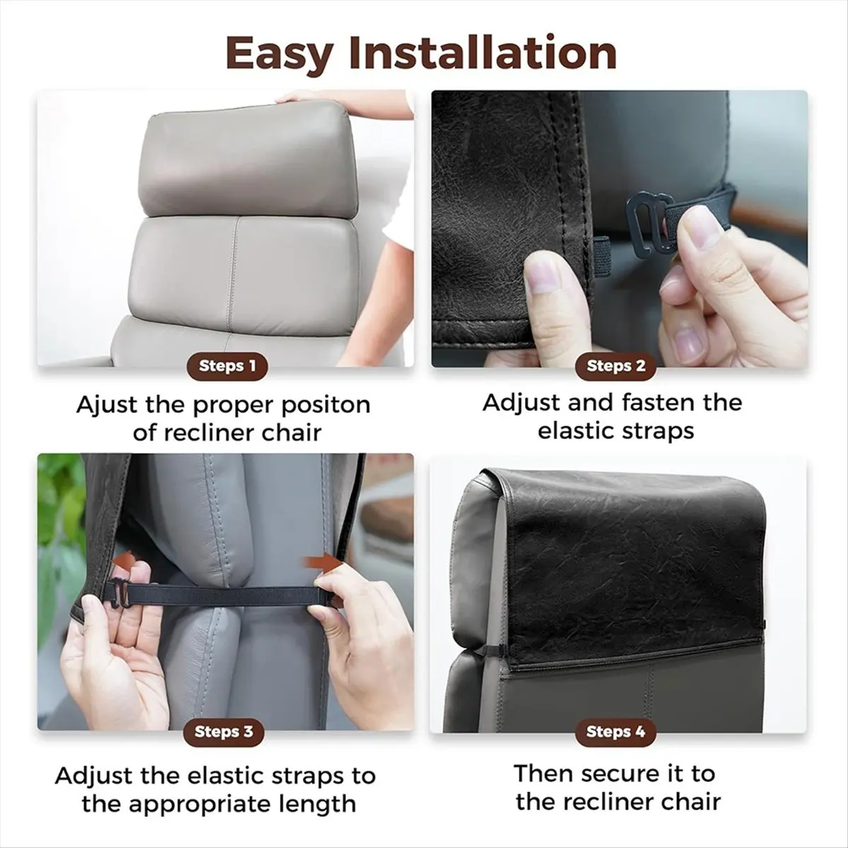 AA14 Headrest Cover for Recliner Chair Recliner Headrest Protector Faux Leather Headrest Cover with Elastic Straps Black