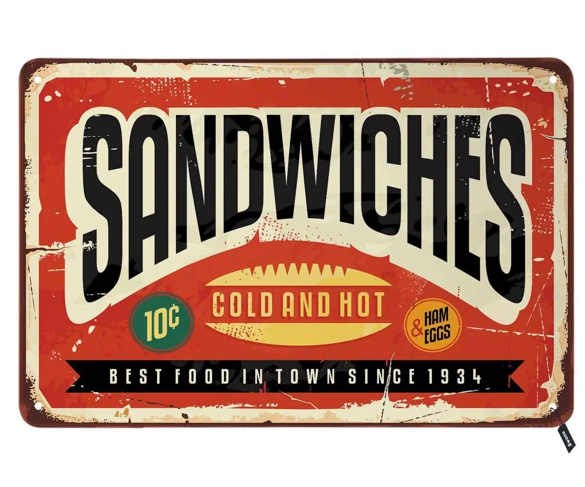 Swono Sandwiches Tin Signs,Cold and Hot Best Food in Town Vintage Metal Tin Sign For Men Women,Wall Decor for Bars,Restaurants,C