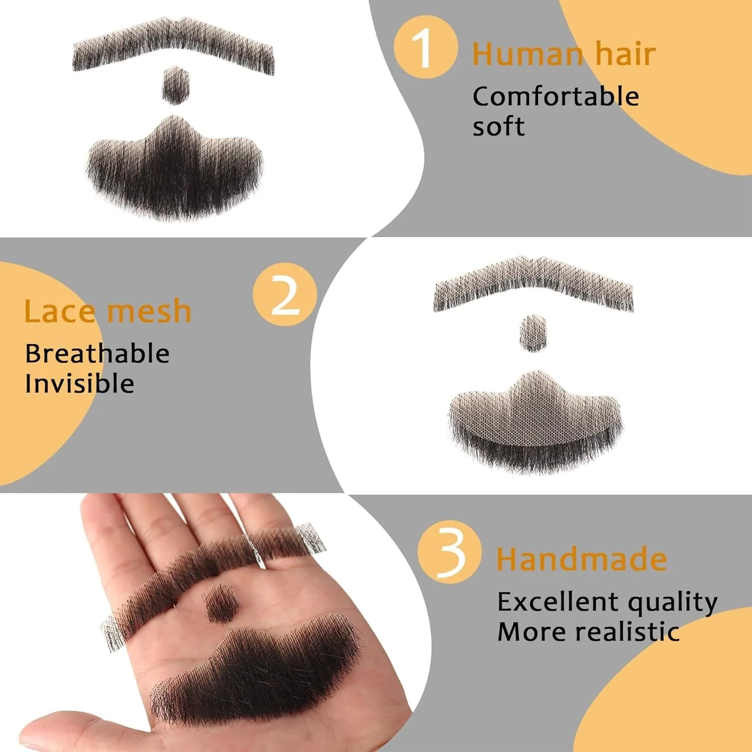 Fake Beard Trimmable and Customizable Human Fake Mustache Realistic Faux Facial Hair for Theatrical,Holiday, Drama, Party, Movie